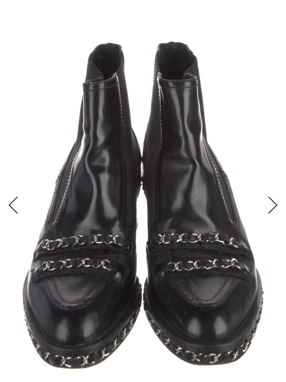 CHANEL Black Patent Leather Chain-Trim Chelsea Booties